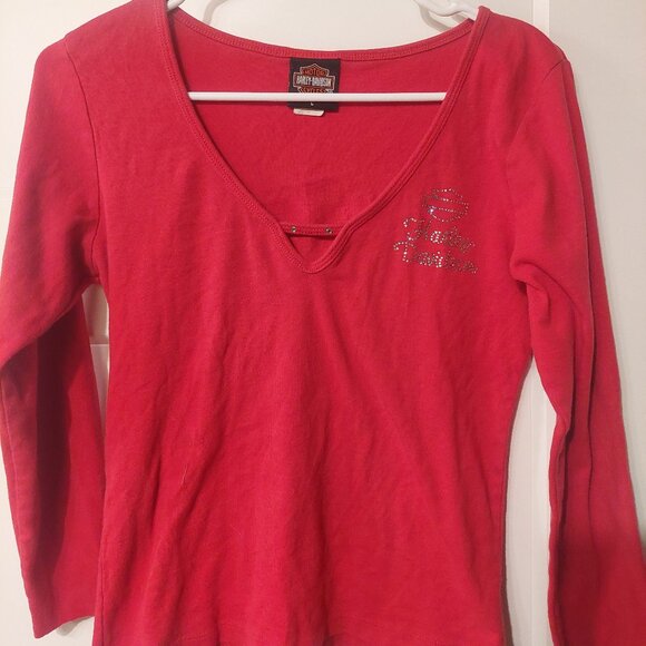 Harley-Davidson Tops - Harley-Davidson Vintage Red Long Sleeve Graphic Rhinestone